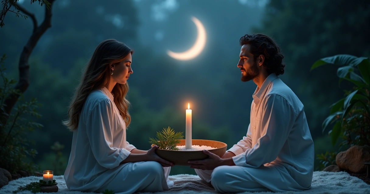 Casal unido em ritual esotérico com vela branca e elementos naturais sob a luz da lua minguante 