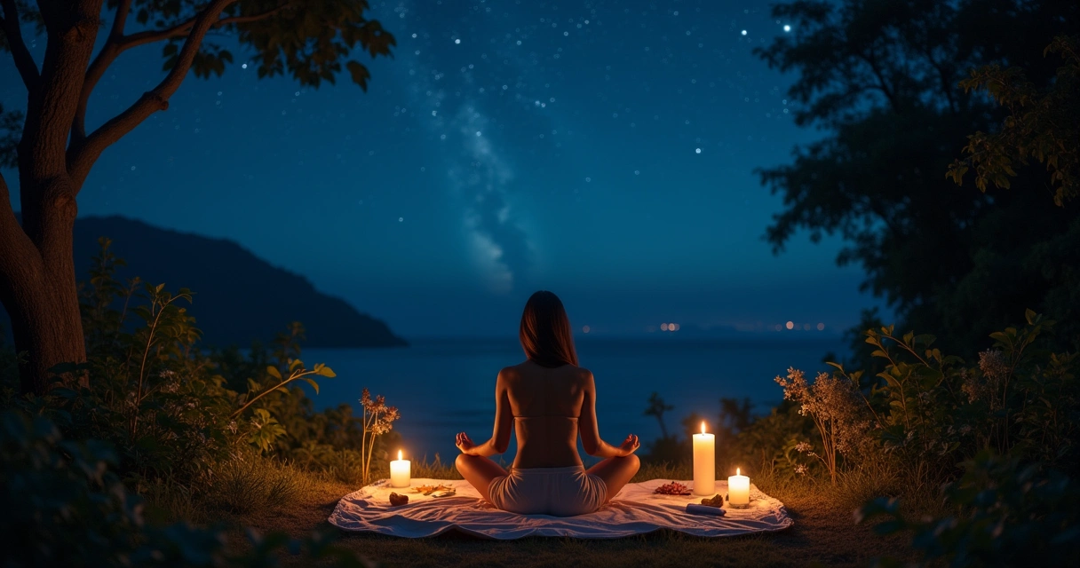 Cena de ritual de lua nova com pessoa meditando, vela branca acesa, folhas e papéis ao redor sob céu estrelado.