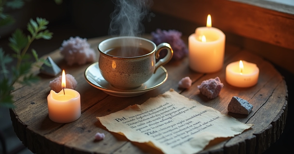 Ritual de chá de lua nova com vela acesa, cristais e bilhete de intenção 
