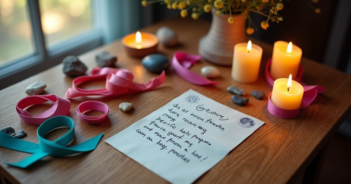 Ritual de lua nova com fitas coloridas, pedras naturais e velas acesas no centro 