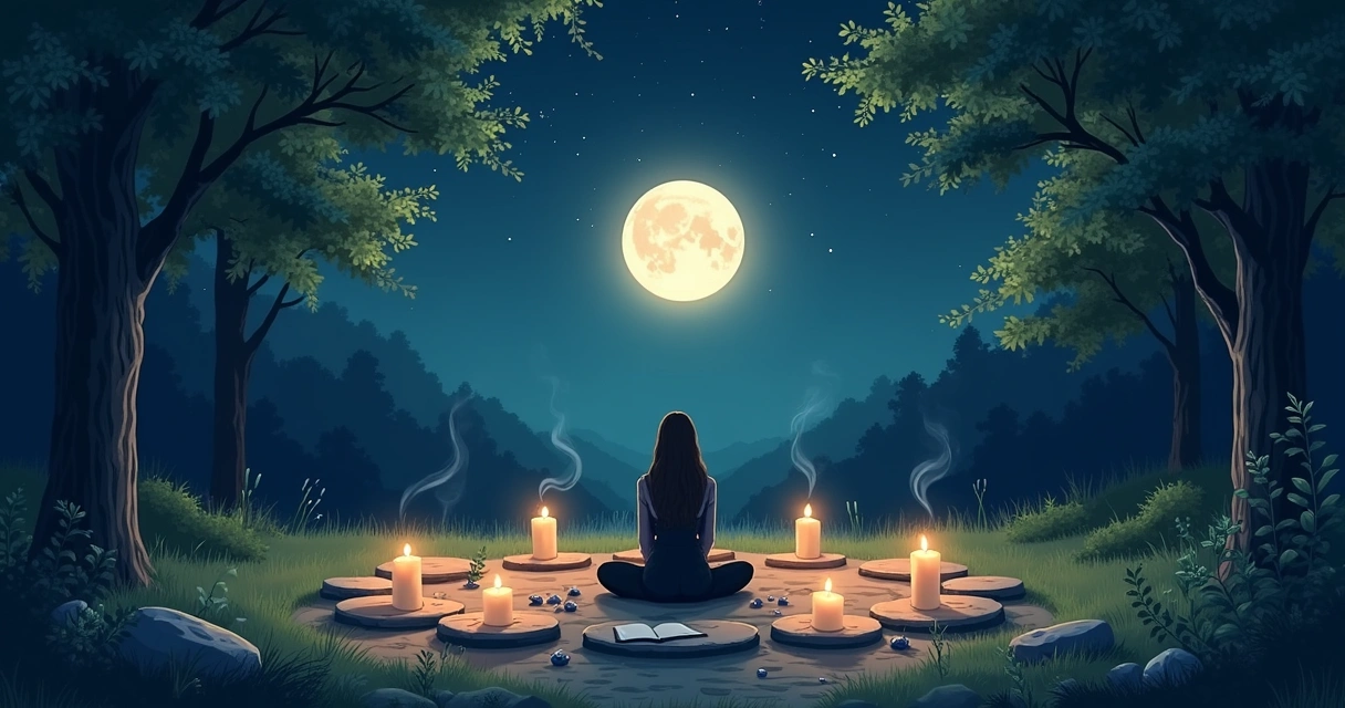 Ilustração de um ritual de lua nova em um claro de floresta, com pedras, velas, e um céu estrelado.