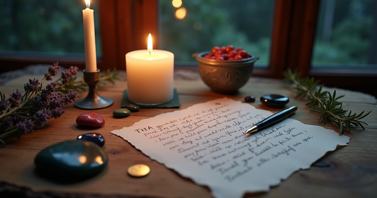 Ritual de Lua Nova com vela, pedras e papel em mesa de madeira 