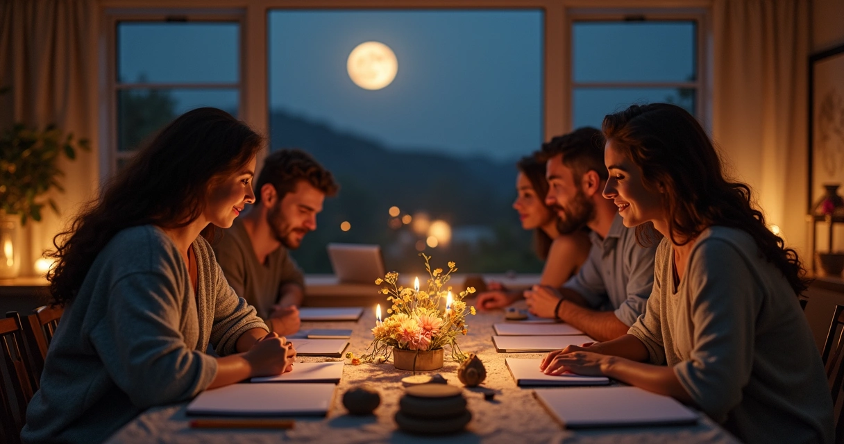 Família reunida ao redor da mesa organizando compromissos semanais sob luz suave da lua 