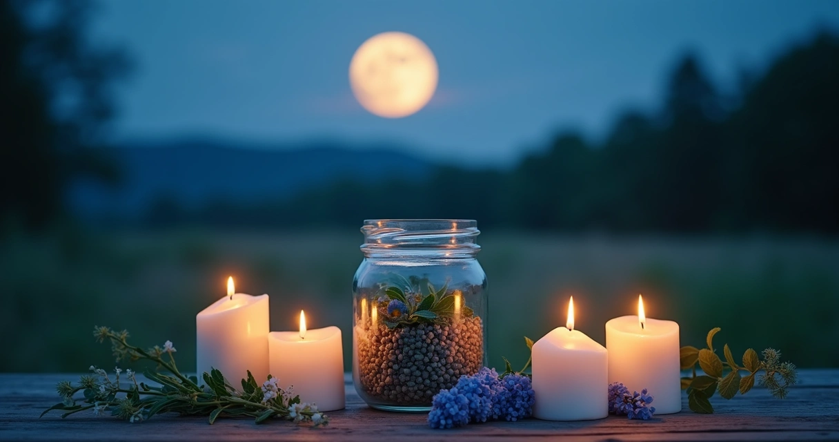 Banho de ervas em pote de vidro ao luar com velas e arranjos místicos 