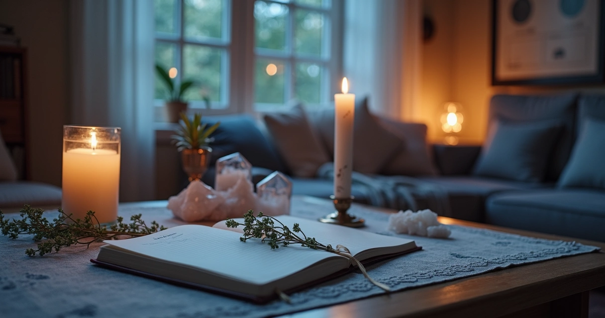 Sala iluminada com cristais e velas em ritual lunar 