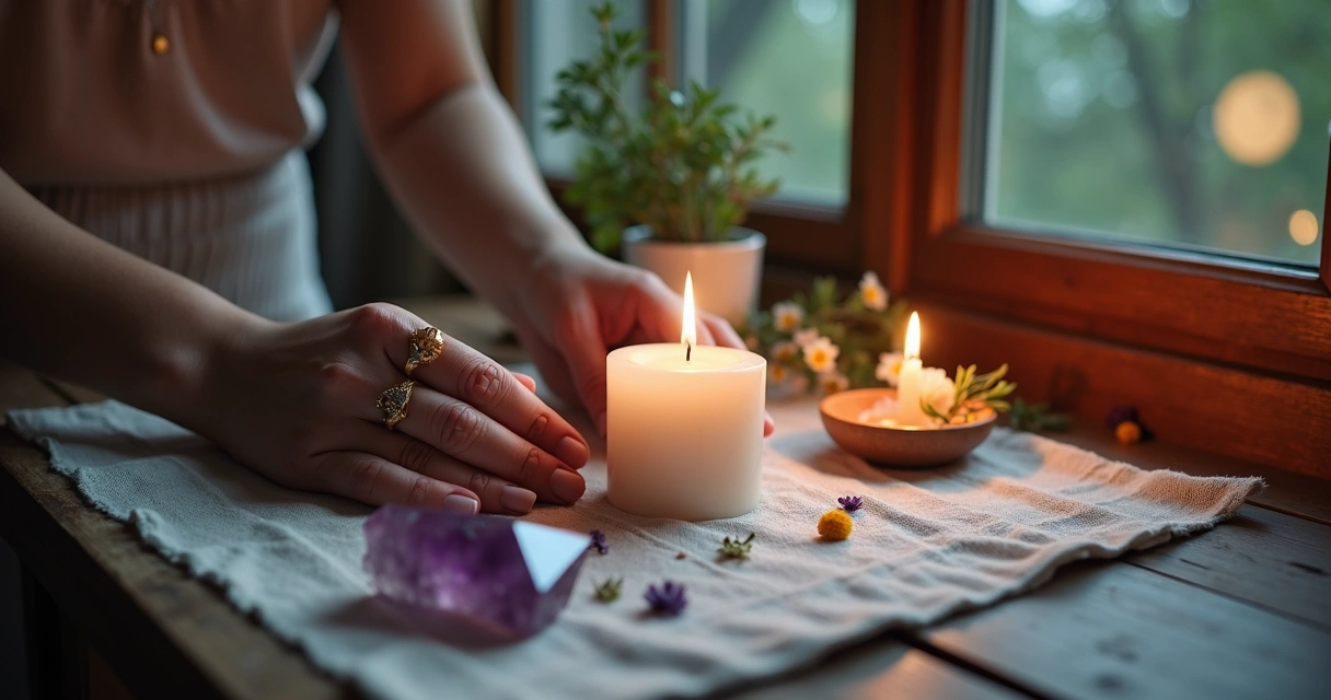 Altar com vela branca, cristais e flores para ritual lunar 