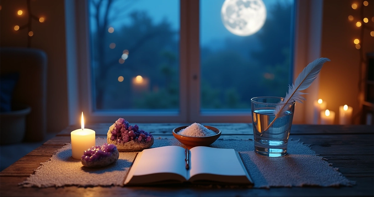 Mesa com vela acesa, cristal e imagem da lua cheia ao fundo 