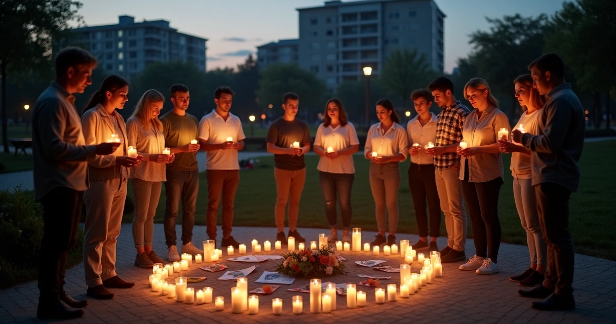 Pessoas reunidas em círculo segurando velas durante memorial coletivo ao ar livre 
