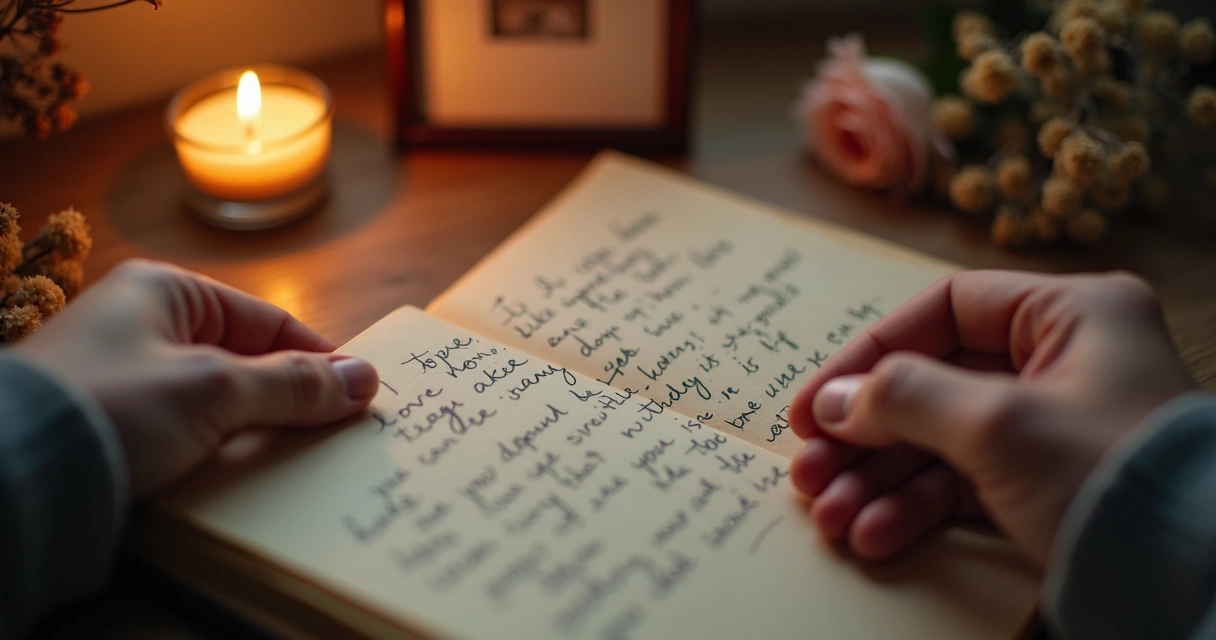 Mãos segurando uma carta aberta ao lado de uma vela acesa sobre a mesa 