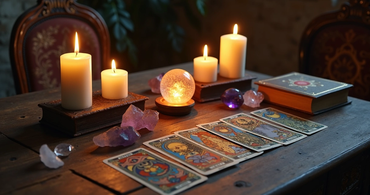 Mesa de madeira com elementos de magia branca: vela branca acesa, cristais, livros antigos, bola de cristal e cartas de tarô dispostas em fundo escuro com iluminação suave e ambiente místico 