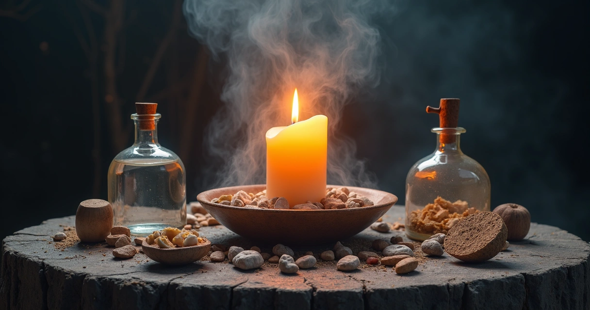 Altar com vela acesa, incenso, tigela de água e pedras sobre tecido escuro 