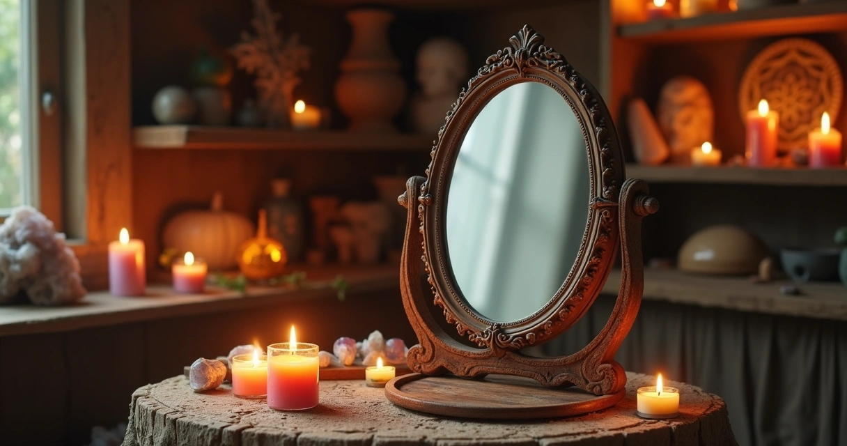 Espelho oval com velas acesas ao redor em ambiente místico e luz suave 