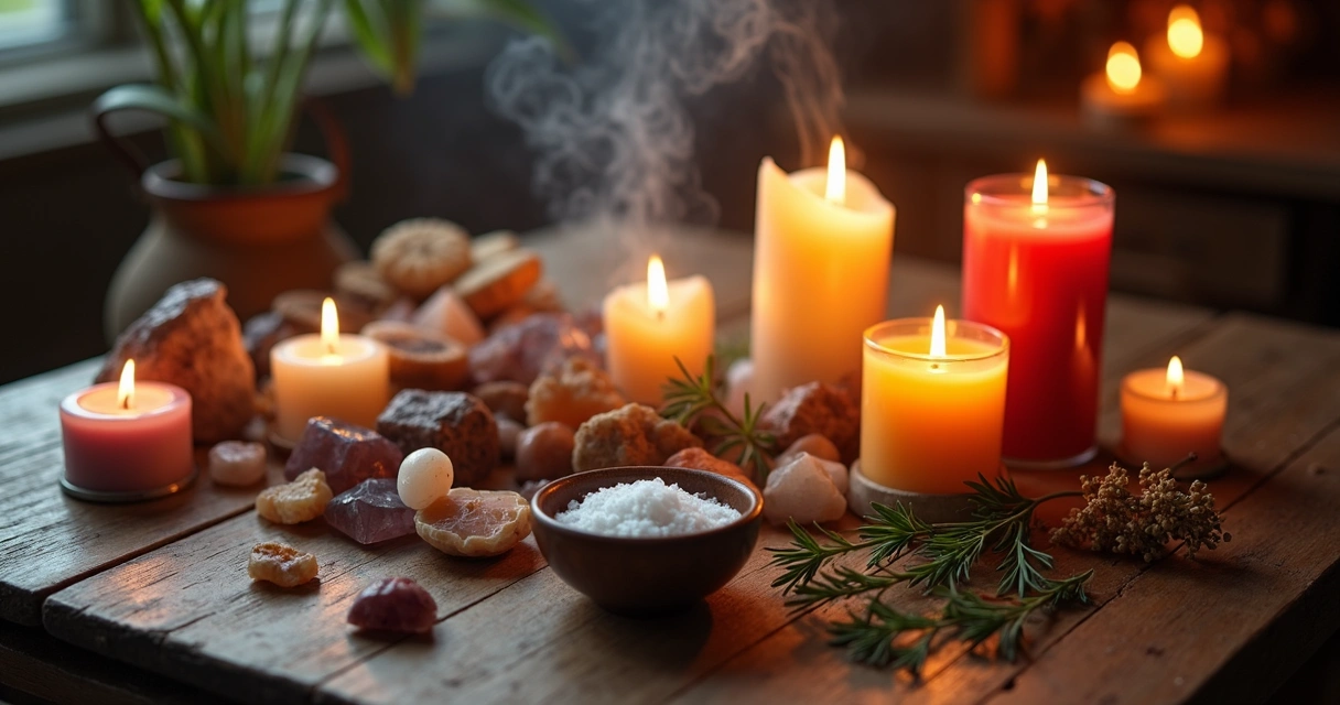 Mesa com velas, cristais e ervas dispostos para um ritual de proteção 
