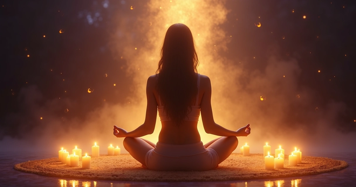Mulher em ritual de magnetismo pessoal com aura dourada e ambiente místico 
