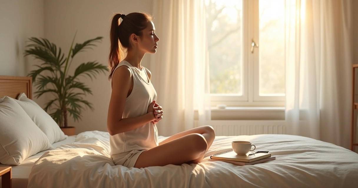 Persona sentada en la cama respirando junto a una libreta y una taza