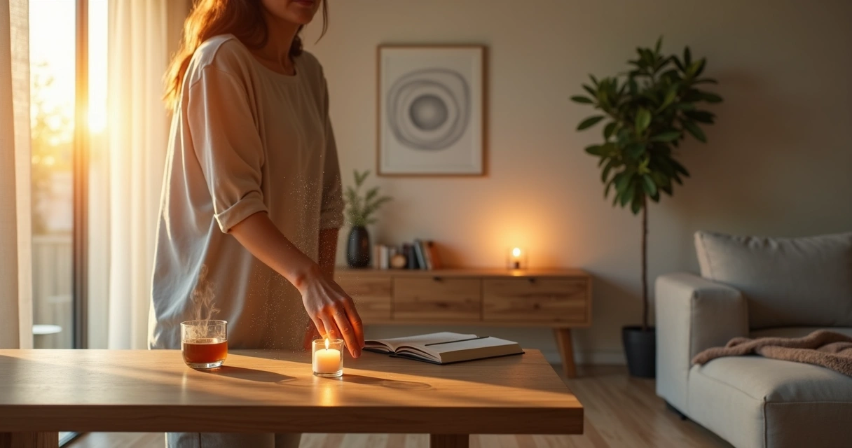 Persona realizando un ritual matutino con un suave campo de luz alrededor 