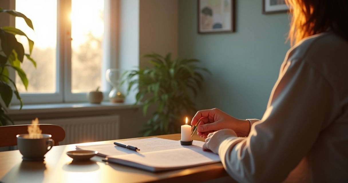 Persona encendiendo una vela al amanecer junto a cuaderno y taza de té 