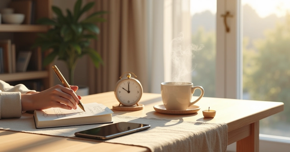 Persona organizando un ritual de mañana consciente en una mesa minimalista 