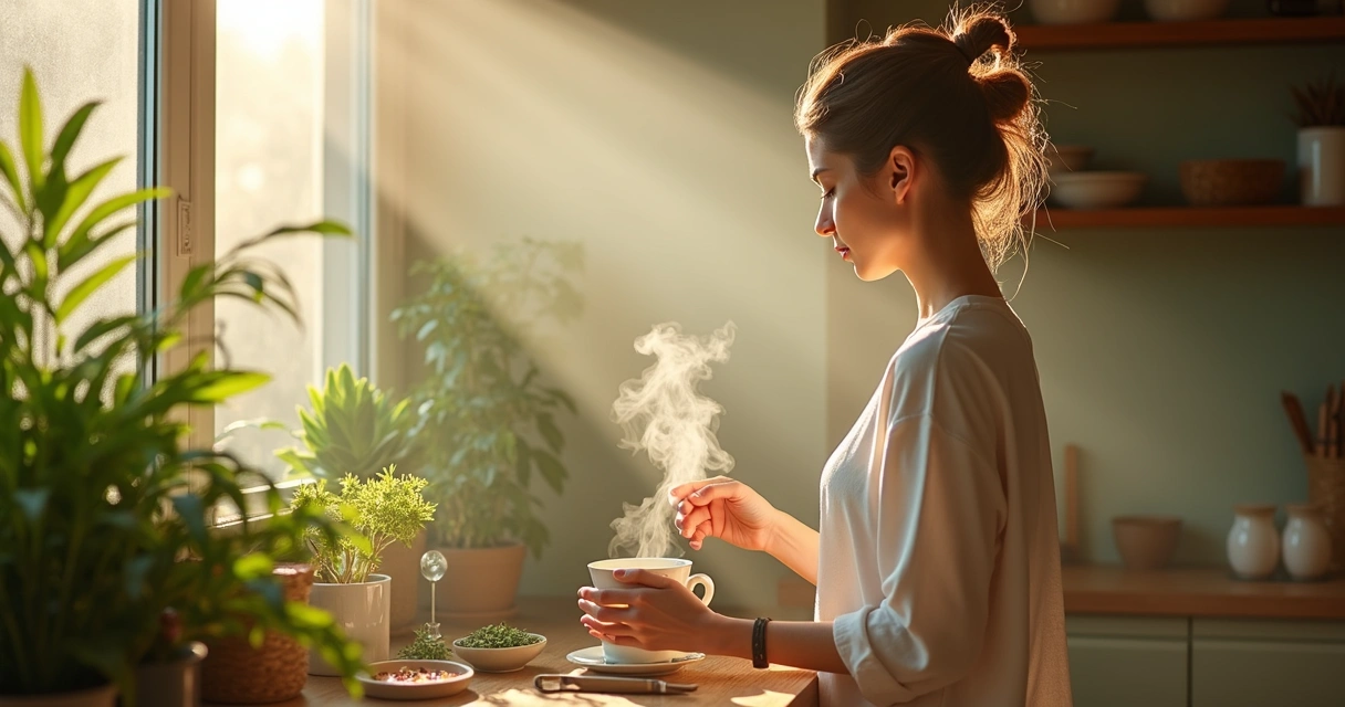 Persona preparando una infusión en una cocina luminosa, rodeada de plantas 