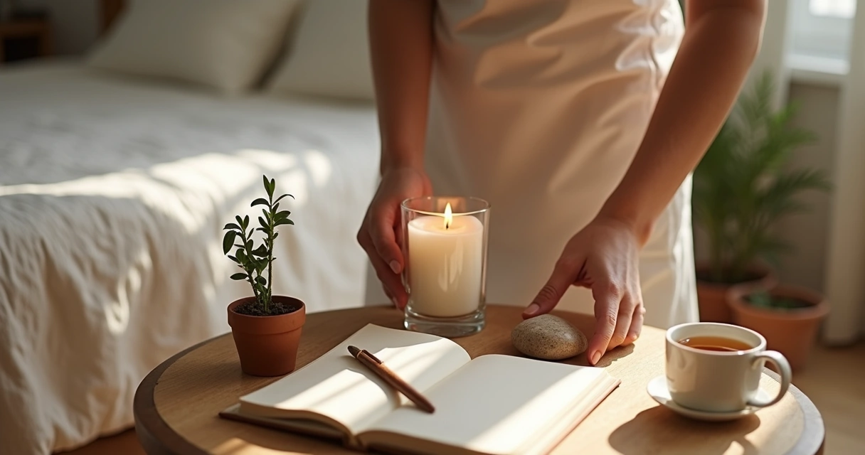 Persona preparando un pequeño altar cotidiano con objetos significativos en una mesa 