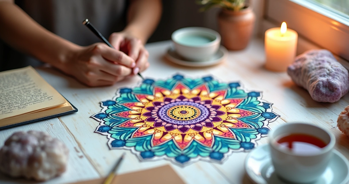 Ritual com mandala colorida sobre mesa com velas e cristais