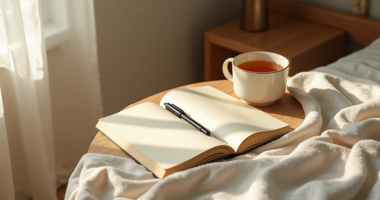 Caderno aberto, xícara e luz suave da manhã 