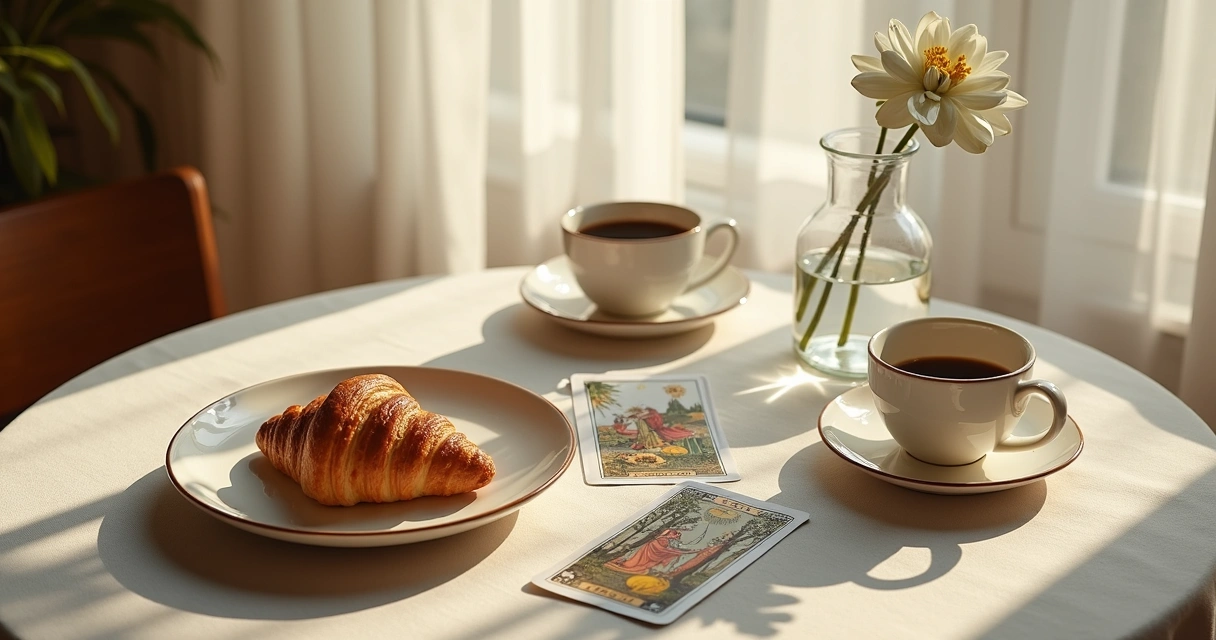 Mesa de café da manhã com cartas de tarot