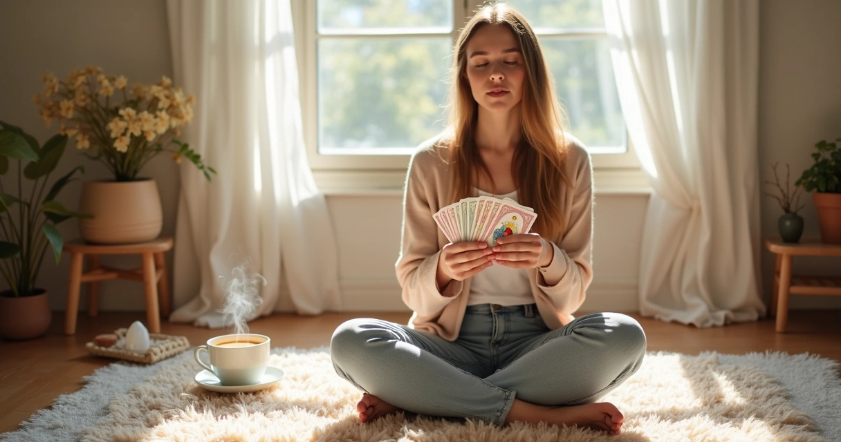 Pessoa fazendo ritual matinal com cartas de anjos 