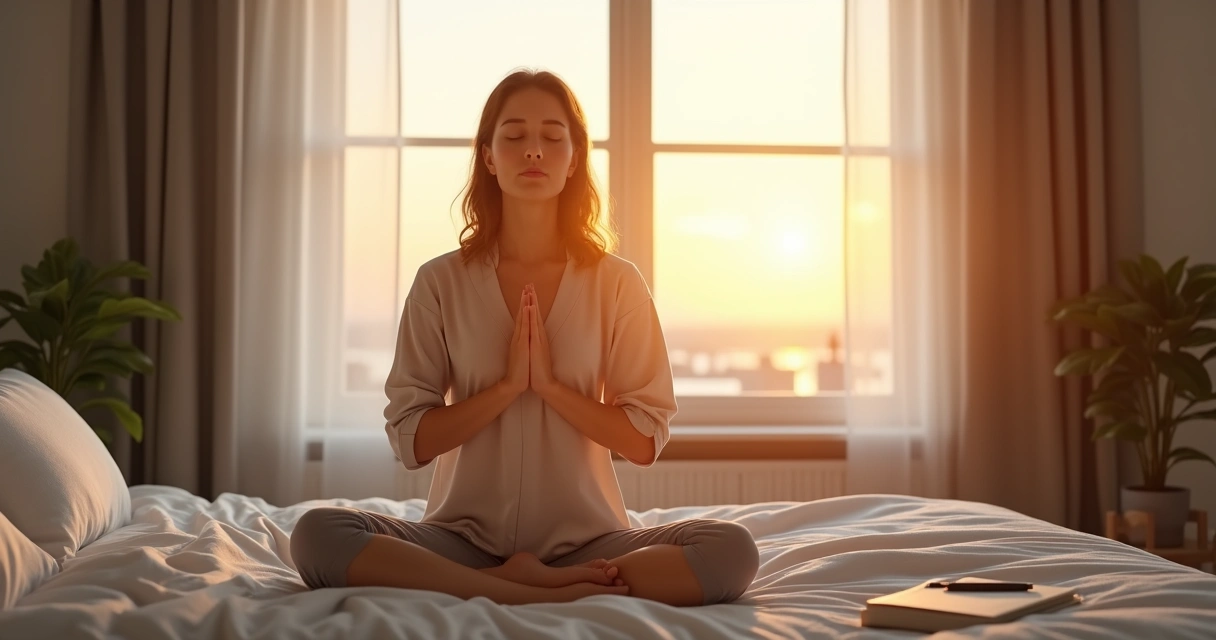 Pessoa sentada na cama ao amanhecer, respirando profundamente, com luz suave entrando pela janela