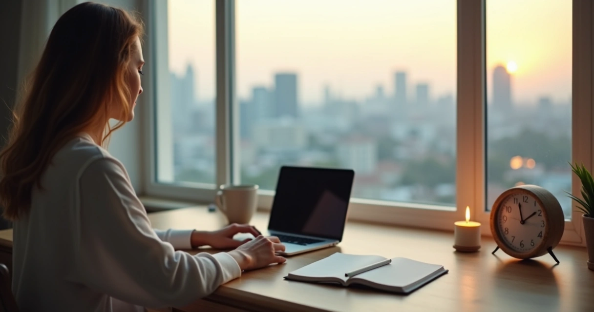 Pessoa em mesa organizada iniciando um ritual matinal de clareza mental 