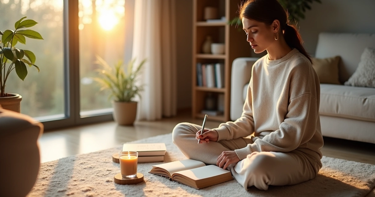 Pessoa sentada perto da janela fazendo ritual matinal de reflexão e escrita 