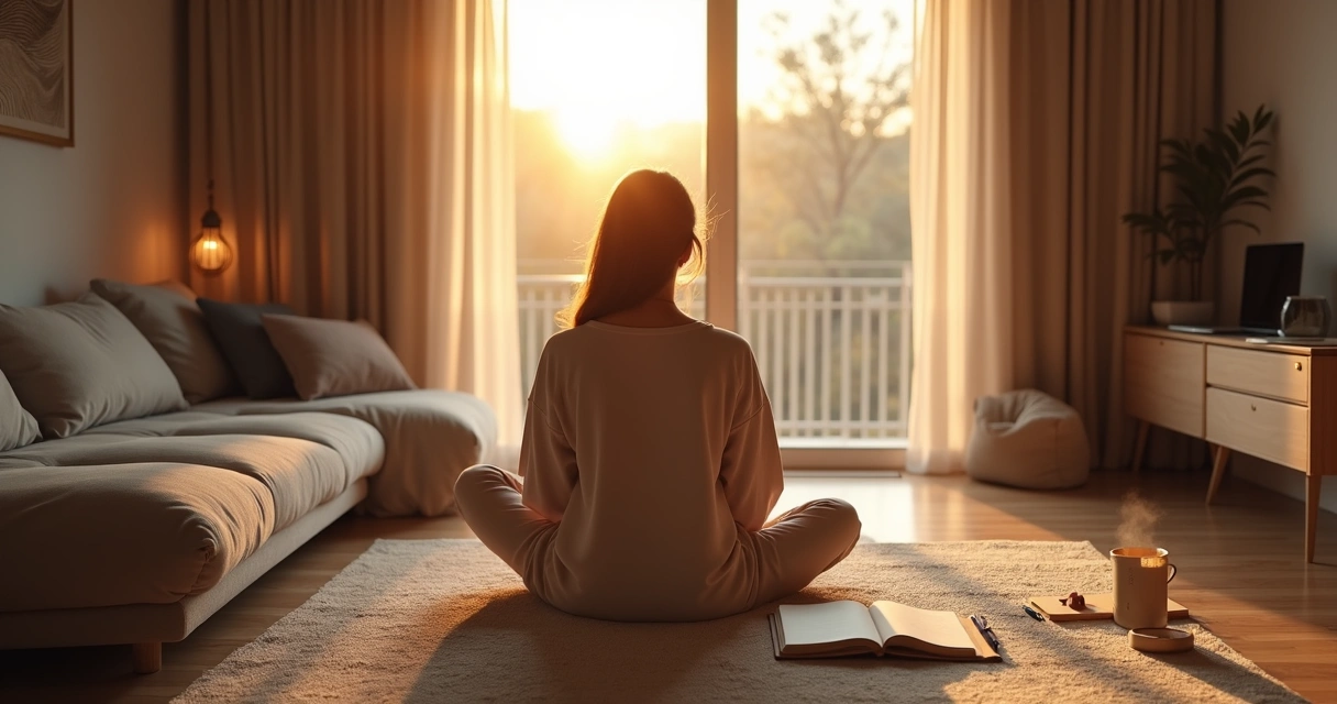 Pessoa em sala iluminada combinando rotina matinal com momentos de reflexão consciente 