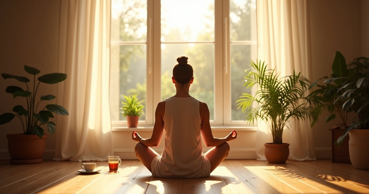 Pessoa sentada em posição de meditação, com raios de sol entrando pela janela 
