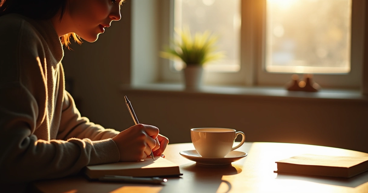 Pessoa sentada à mesa com chá e diário, luz natural da manhã 