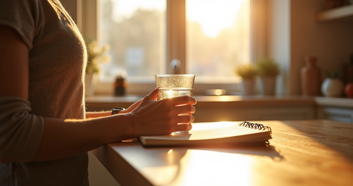 Pessoa em casa segurando um copo de água em uma manhã iluminada 