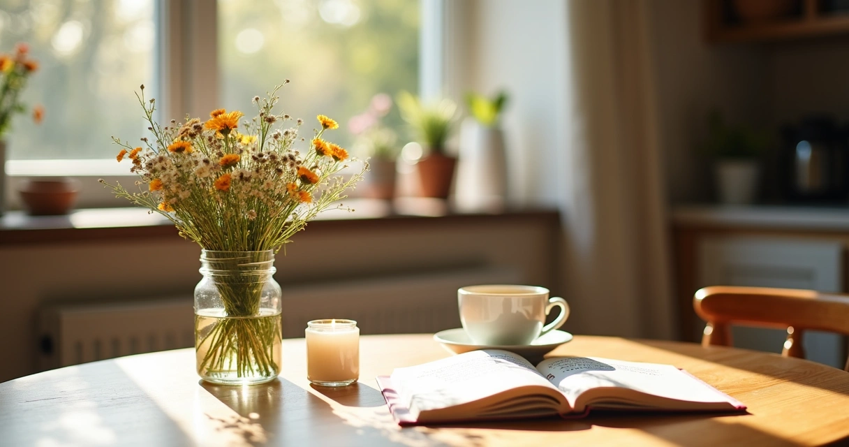 Ritual matinal com flores e vela acesa na mesa 