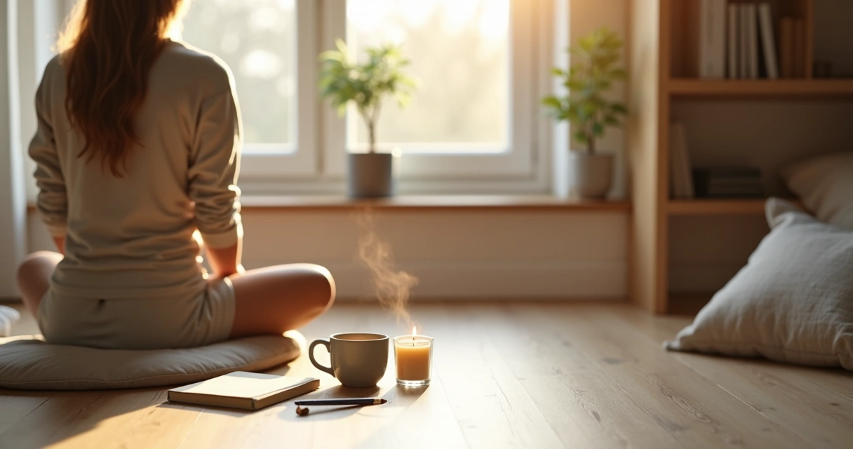 Pessoa sentada em silêncio perto da janela com itens de ritual matinal 