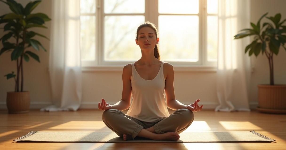 Pessoa sentada em posição de meditação com luz suave ao amanhecer