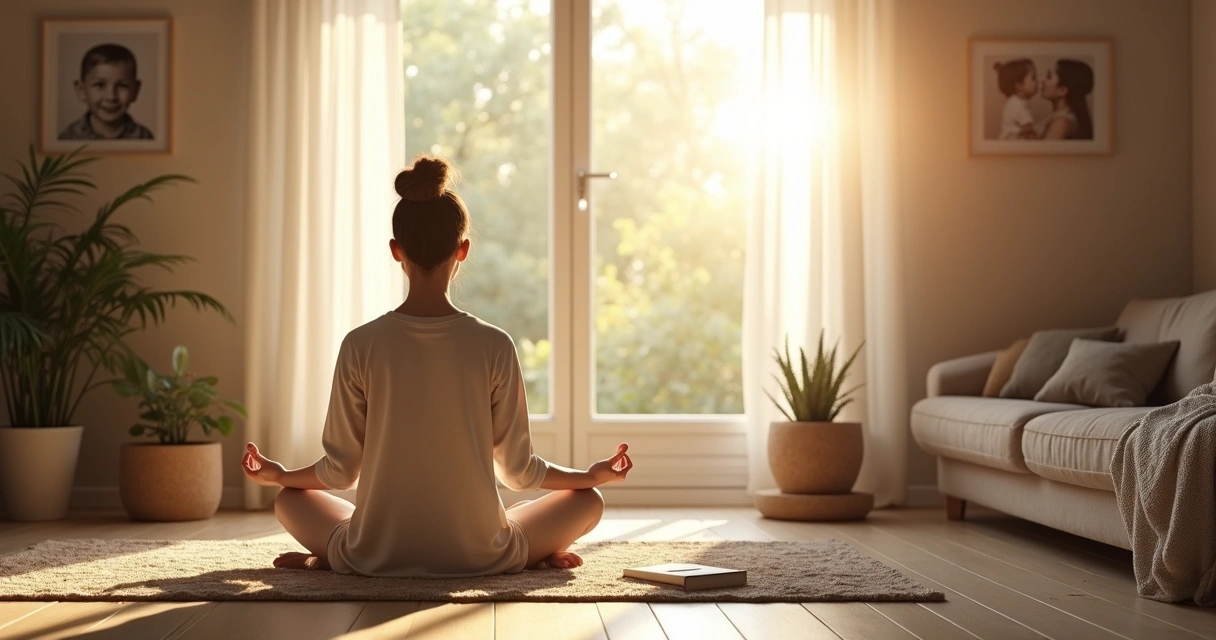 Pessoa sentada em posição de meditação ao lado da janela, luz suave da manhã iluminando o ambiente, fotos de família ao fundo