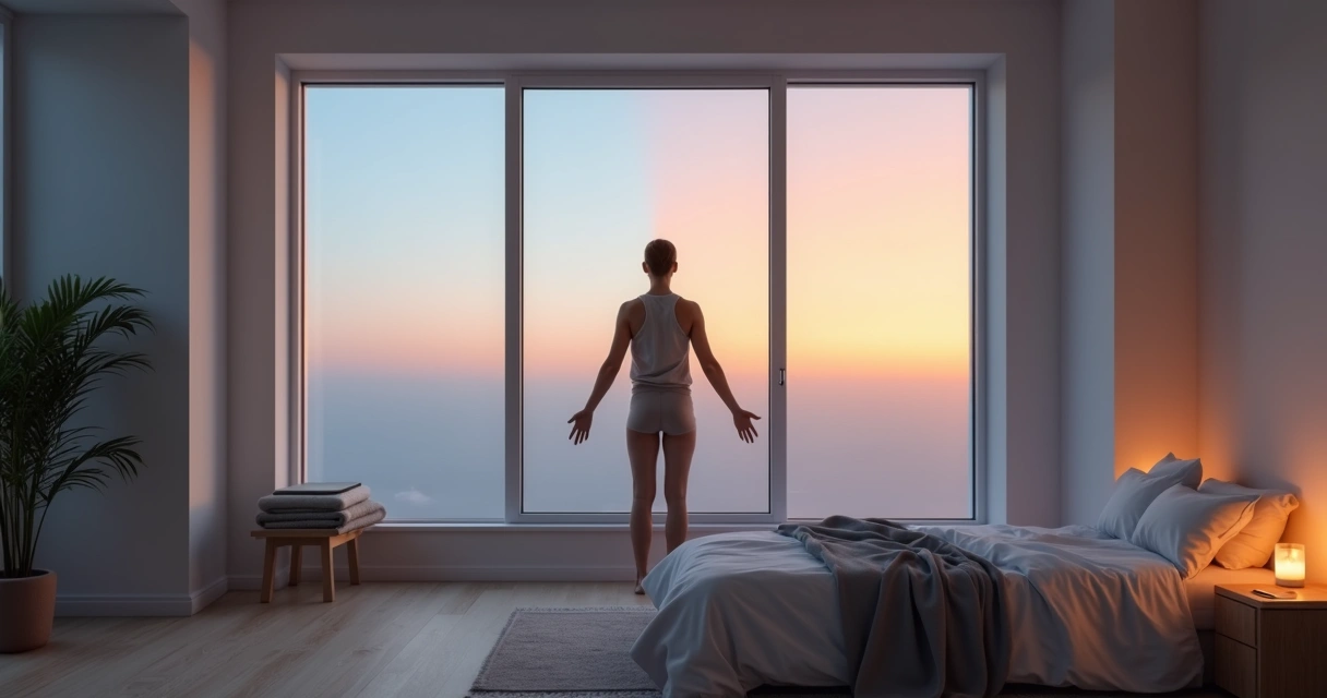 Quarto minimalista com pessoa diante da janela entre madrugada e anoitecer 