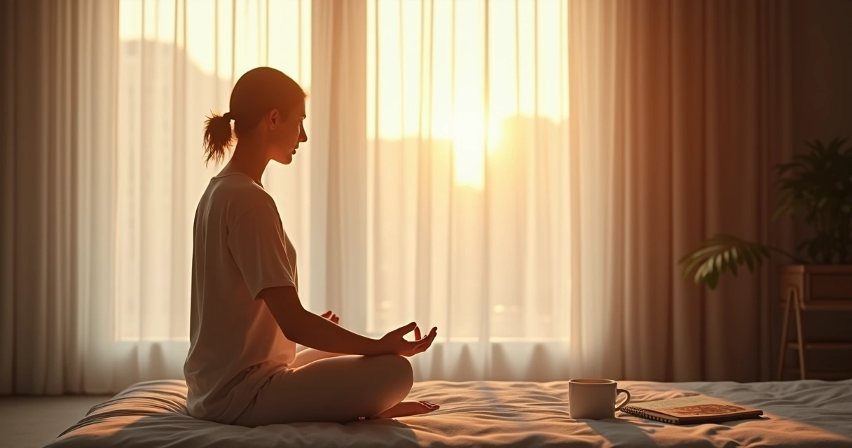 Pessoa sentada em posição de meditação ao lado de uma janela com luz suave, prática matinal tranquila 