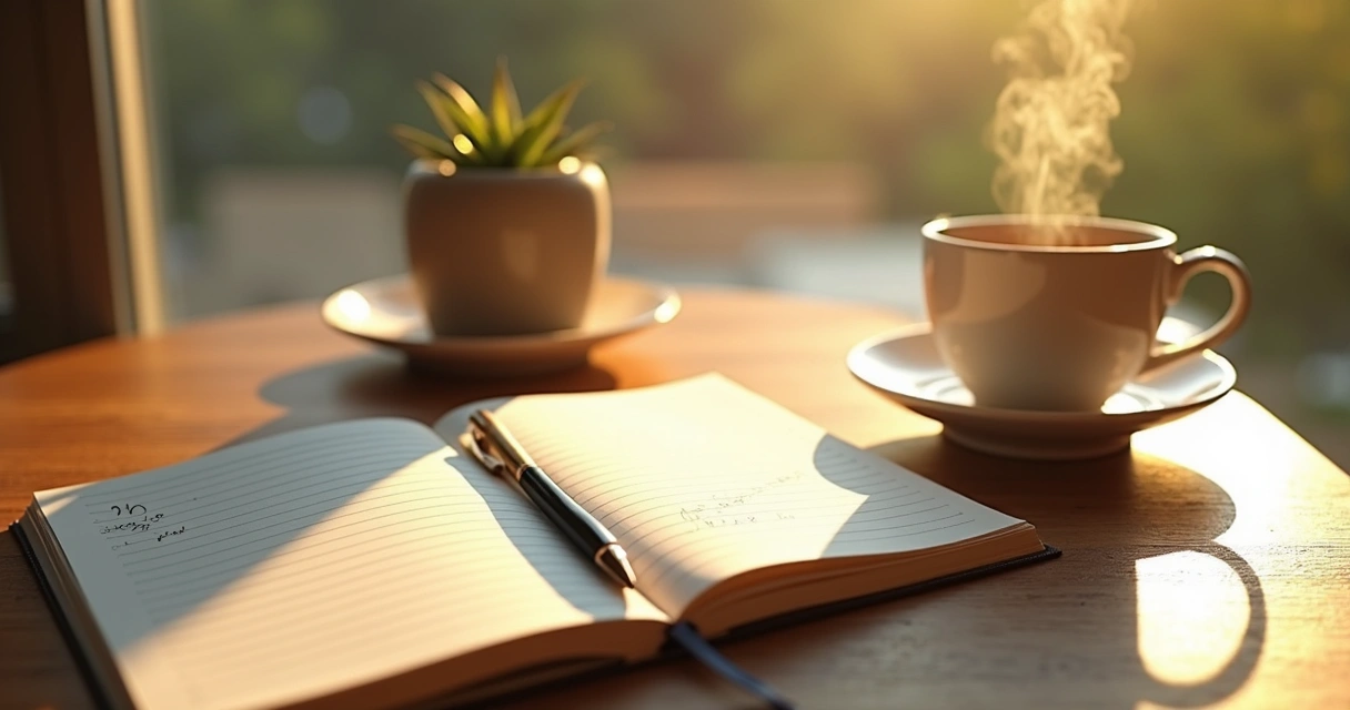 Caderno, chá e luz da manhã em mesa de madeira