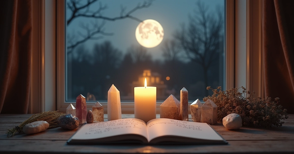Mesa com cristais, vela branca acesa e anotações de desejo ao lado de uma janela mostrando a lua cheia.