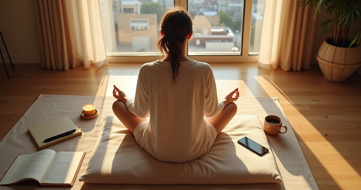Pessoa sentada em frente à janela ao amanhecer escrevendo em um caderno de reflexão 
