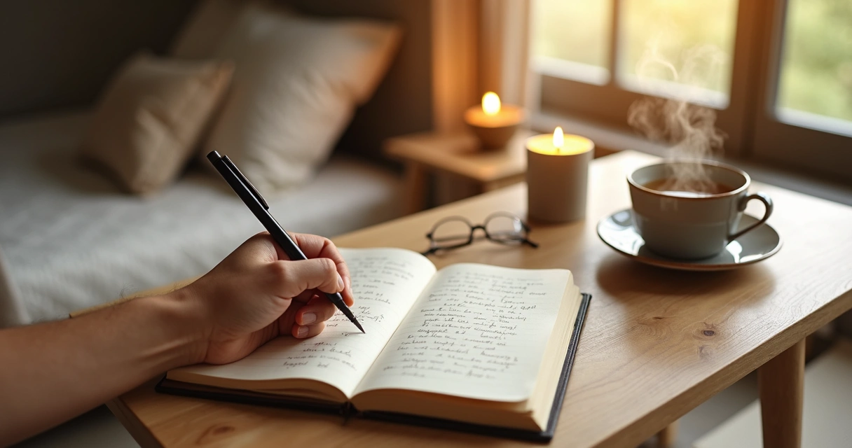 Pessoa escrevendo em diário ao lado de vela e xícara de chá em mesa organizada 