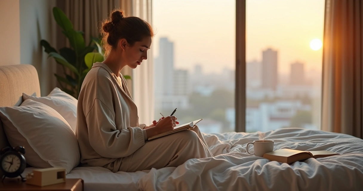 Pessoa sentada na cama ao amanhecer escrevendo em um caderno com uma caneca de chá ao lado 