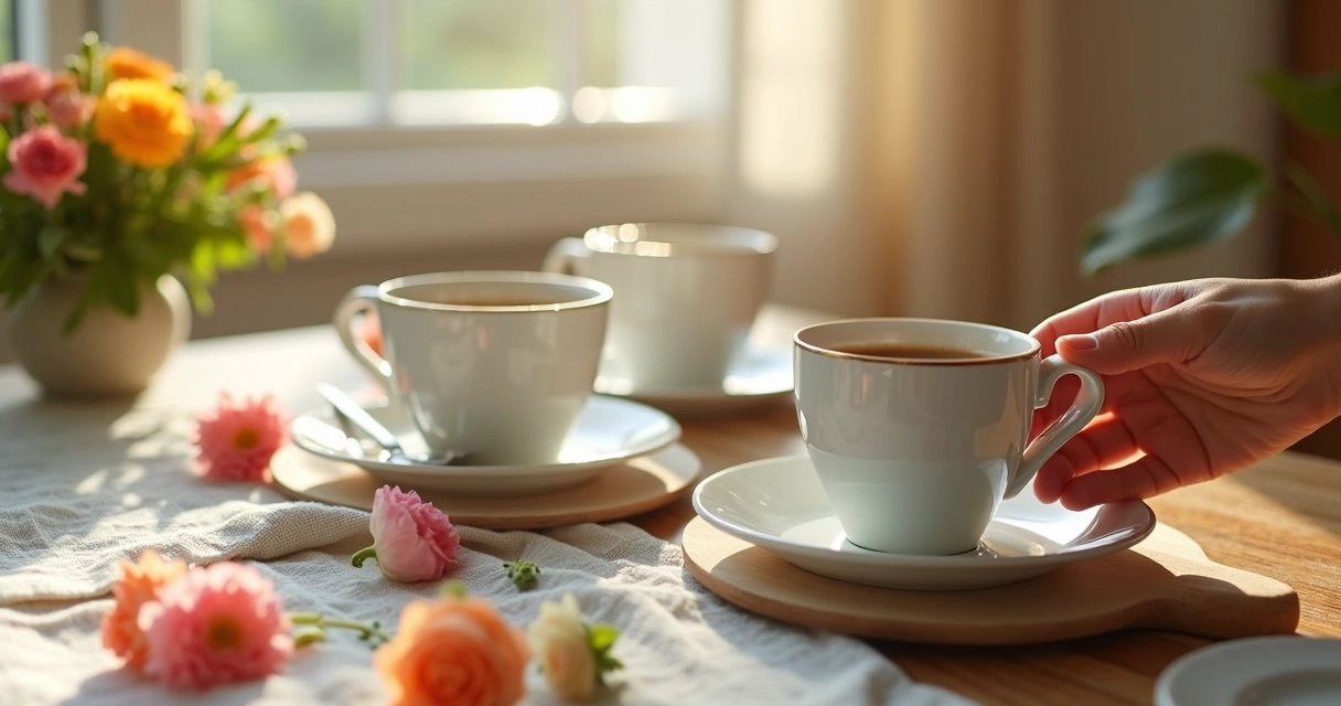 Três xícaras de café-da-manhã dispostas em mesa de madeira, com flores ao redor e luz suave entrando pela janela 