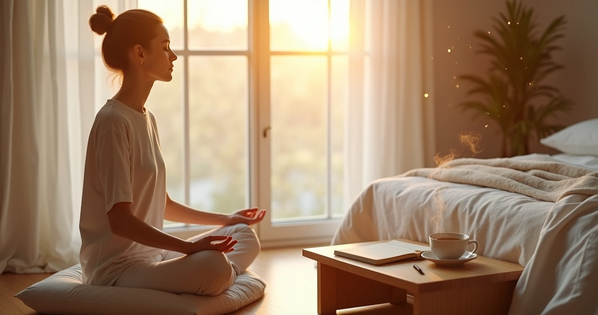 Pessoa sentada perto da janela ao amanhecer em um ritual matinal tranquilo 