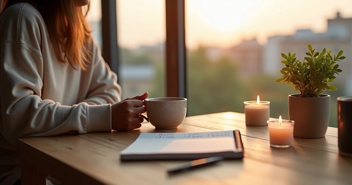 Pessoa em ritual matinal simples com chá, caderno e luz natural suave 