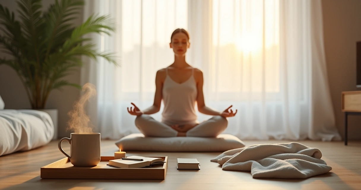 Pessoa sentada perto da janela praticando ritual matinal consciente com chá e caderno 